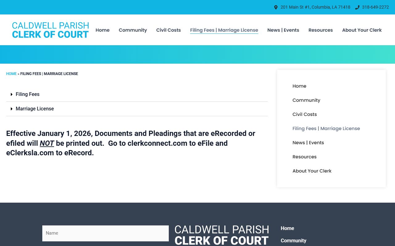 Caldwell Parish marriage records and Clerk of Court marriage license fees