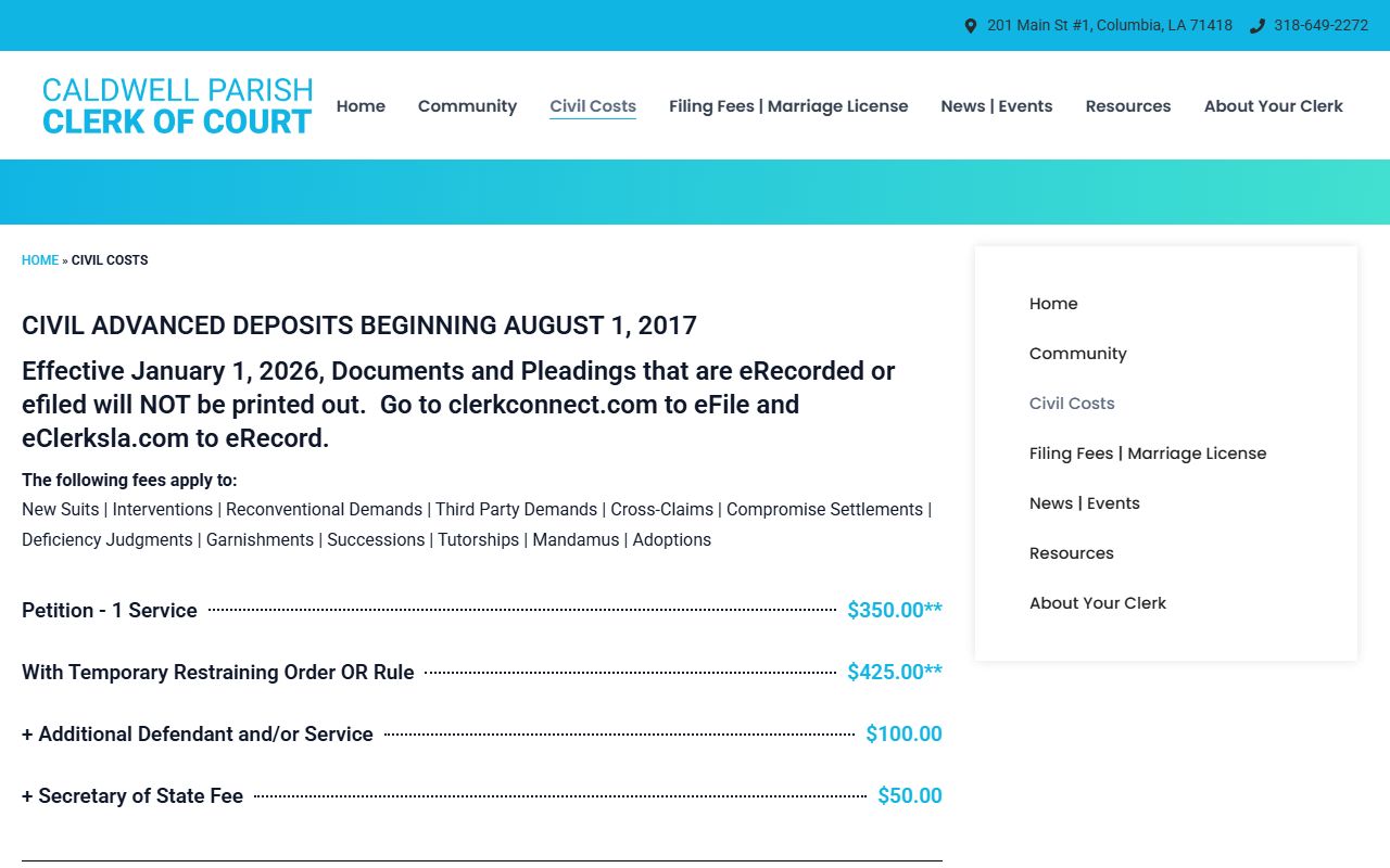 Caldwell Parish probate records and civil cost schedule for successions